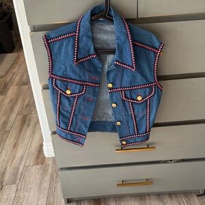 Chic Denim Vest with Red and White Trim